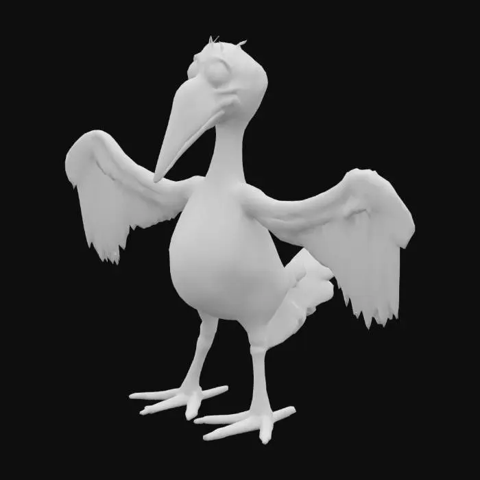 3D model for Man dressed as a Pelican, big white wings with black trim, orange feet, white tail feathers, white head with blue eyes and orange beak
