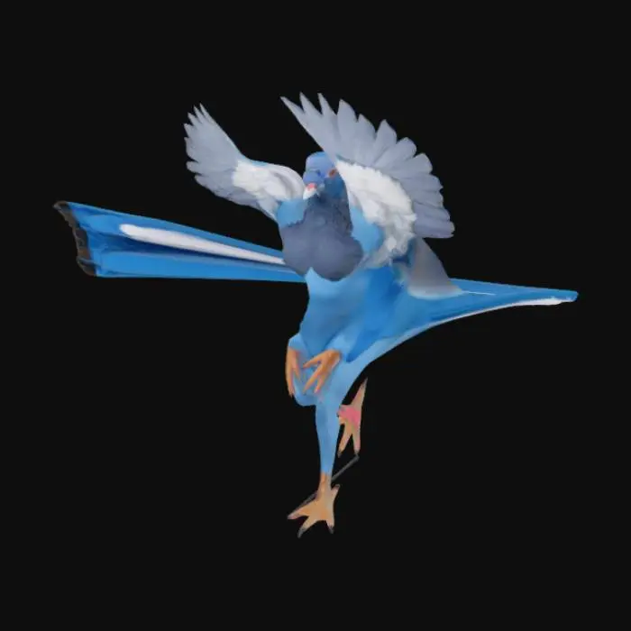3D model for Man dressed as a Pigeon, blue body, white tail feathers, big blue wings, blue head, white feet.

