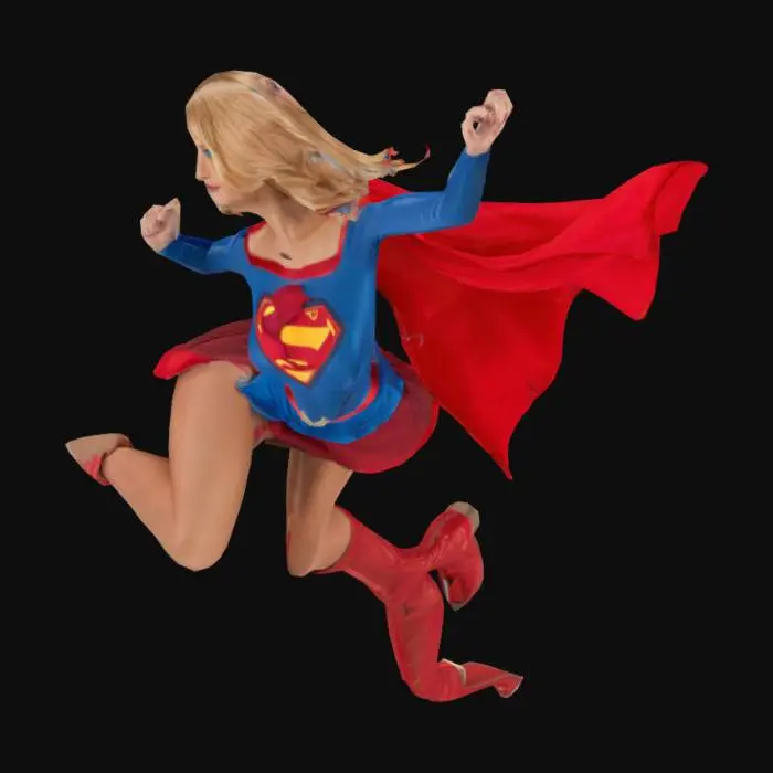 3D model for Supergirl flying, blue costume with short red skirt, red boots, long red cape, blonde hair, blue eyes.
