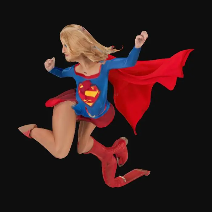 3D model for Supergirl flying, blue costume with short red skirt, red boots, long red cape, blonde hair, blue eyes.
