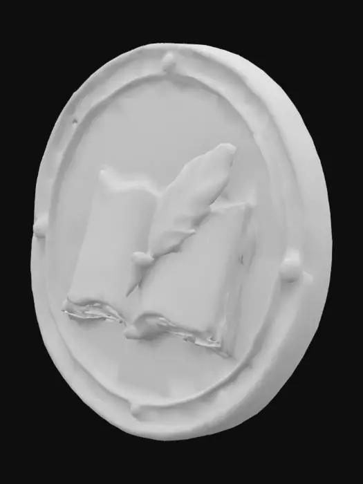 3D model for "3D golden coin, antique style, featuring a stylized quill pen on an open book, with subtle old paper texture. The coin should have a slightly worn, polished look, round shape, and a raised border. Low poly game asset, suitable for collection."