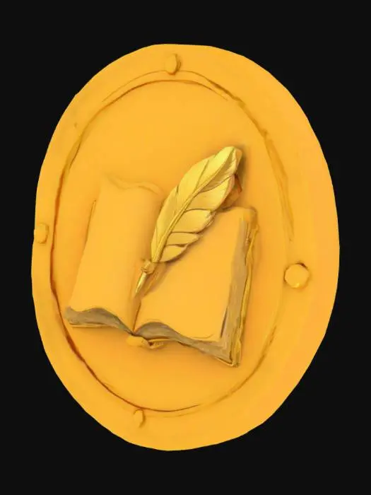 3D model for "3D golden coin, antique style, featuring a stylized quill pen on an open book, with subtle old paper texture. The coin should have a slightly worn, polished look, round shape, and a raised border. Low poly game asset, suitable for collection."