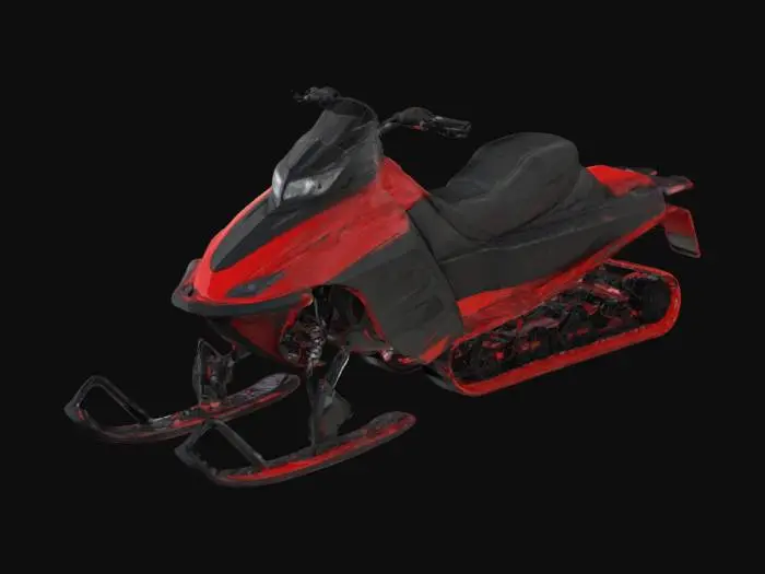 3D model for The object is a snowmobile featuring a streamlined and angular design with a combination of rigid, textured surfaces and smooth, aerodynamic panels, predominantly in red and black, equipped with a rugged track and sleek ski bars., Highly Detailed, Ultra Realistic, 4k