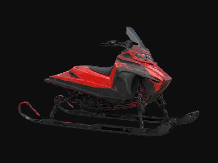 3D model for The object is a snowmobile featuring a streamlined and angular design with a combination of rigid, textured surfaces and smooth, aerodynamic panels, predominantly in red and black, equipped with a rugged track and sleek ski bars., Highly Detailed, Ultra Realistic, 4k