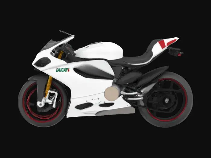 3D model for [Italy] The object is a sleek, plastic and metal aerodynamic sports racing motorcycle with a glossy white paint job with a painted side panel (with sharp, angular panels, fairings) depicting a waving Italian flag with a glossy, smooth texture and red motorcycle trim. Silver chrome V45 logo Ultra realistic. Ducati Panigale V45, Glossy, light HDR realistic sun 4k., Stylizowany,  #AroundTheWorld#