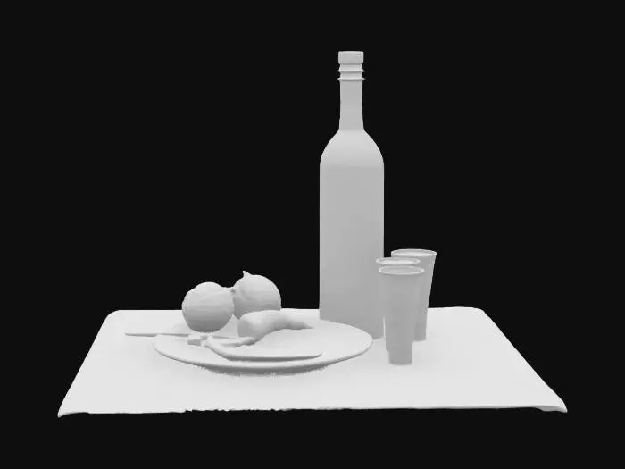 3D model for [Poland] A rustic square table stands quietly, draped in a traditional Highlander tablecloth rich with vivid reds, forest greens, and black woven patterns. On its surface gleams a tall, frosted 0.7L vodka bottle, its glass cold and misted with condensation, flanked by two ornate shot glasses filled to the brim with crystal-clear vodka. Just beside them sits a small porcelain plate, ornately painted with classic Polish folk designs—swirling florals in crimson and sapphire. Upon the plate lie two whole pickled cucumbers, firm and glistening, beside a third cucumber, meticulously sliced into translucent green medallions. The composition feels ceremonial—an altar to heritage, salt, and spirit. #AroundTheWorld#