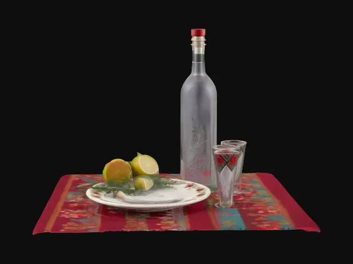 3D model for [Poland] A rustic square table stands quietly, draped in a traditional Highlander tablecloth rich with vivid reds, forest greens, and black woven patterns. On its surface gleams a tall, frosted 0.7L vodka bottle, its glass cold and misted with condensation, flanked by two ornate shot glasses filled to the brim with crystal-clear vodka. Just beside them sits a small porcelain plate, ornately painted with classic Polish folk designs—swirling florals in crimson and sapphire. Upon the plate lie two whole pickled cucumbers, firm and glistening, beside a third cucumber, meticulously sliced into translucent green medallions. The composition feels ceremonial—an altar to heritage, salt, and spirit. #AroundTheWorld#