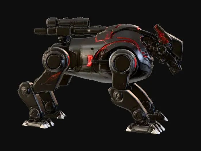 3D model for Model 3D czteronożnego psa wojskowego nowoczesna robota bojowego o agresywnym, muscularnym designie. Ostre, geometryczne panele pancerza z włókna węglowego i tytanu w kolorze matowej czerni z dynamicznymi, czerwonymi akcentami. Front robota zastępuje jednolita, wyprofilowana tafla czarnego, pancernego szkła, za którą kryje się zespół sensorów optycznych i lidar. Na grzbiecie centralnie zamontowany kompaktowy, sześciolufowy minigun (działko obrotowe) na stabilizowanej,zmotoryzowanej platformie, z widocznym elastycznym rękawem podającym amunicję z zasobnika. Nogi o ostrych krawędziach, z aerodynamicznymi osłonami siłowników i pazurzastymi stopami. Całość ma wyglądać szybko i zabójczo.. Wysoka jakość ultra-realistic Sci-Fi