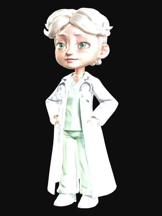 3D model for Doctor realistic A-pose character wearing a white medical coat, buttoned up. Light green scrubs underneath. White medical shoes. Calm face with short hair. Skin features visible pores and realistic shading. , Symmetrical Body, Highly Detailed, Ultra Realistic