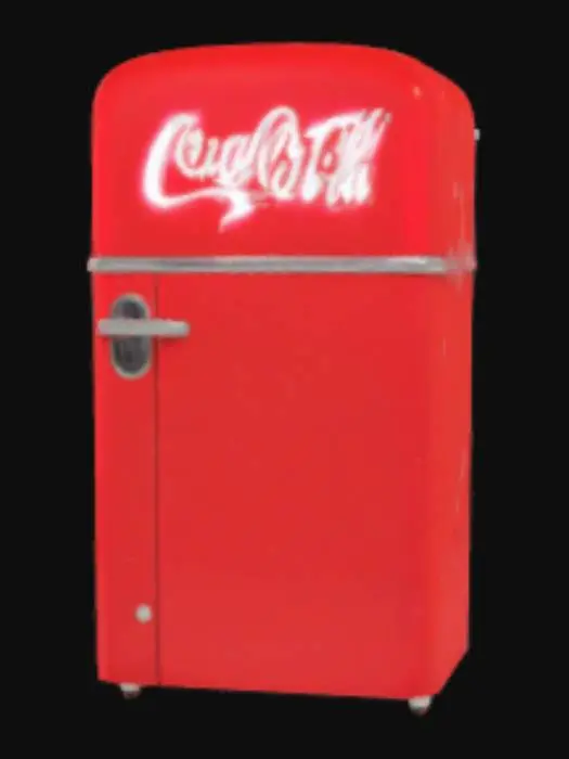 3D model for Red small coca cola fridge, in retro style with red neon lighting of the inscription "COCA COLA", STYLE A COMBINATION of realistic and cartoon. The colors should be saturated, and the fridge should be evenly and well lit, but without visible overexposure