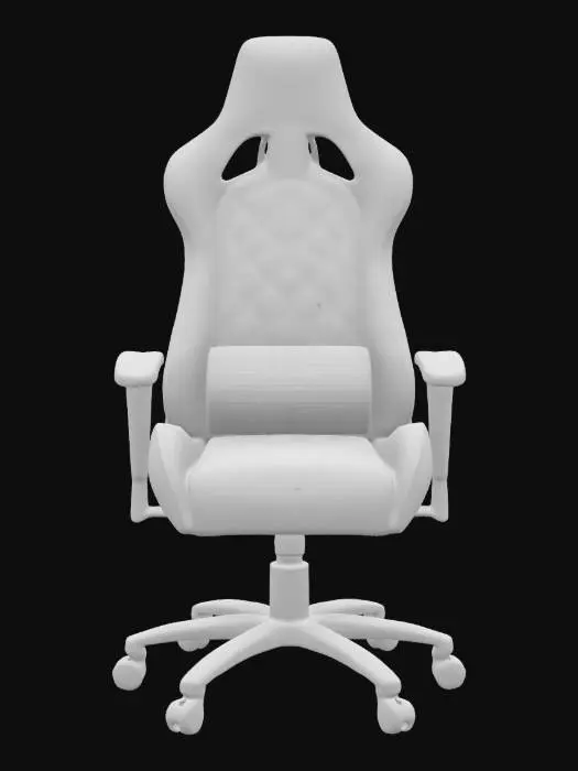 3D model for The object is a black ergonomic gaming chair with a high backrest and adjustable, black crimson armrests, featuring a quilted diamond pattern and textured fabric. It has eye-catching red upholstery stitching and a luxurious red velvet cushion, adding contrast to its sleek, curvy design. The chair sits on a solid steel base painted black with plastic wheels, also painted black. Its elegant finish reflects high-quality craftsmanship, with a correctly distributed UV map for a detailed,4K realistic