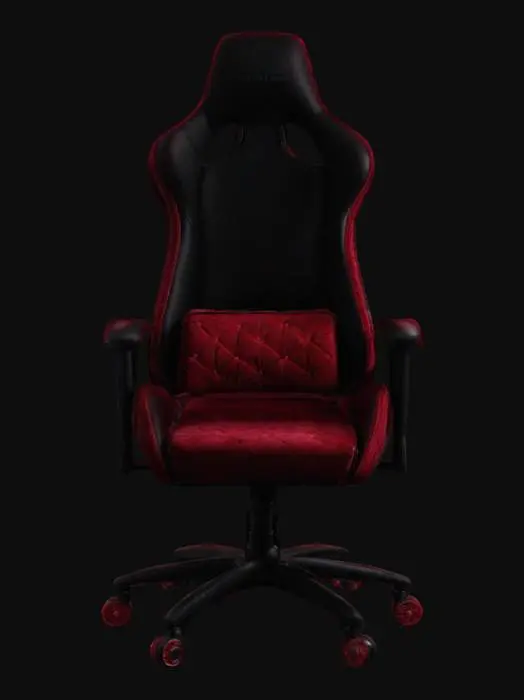 3D model for The object is a black ergonomic gaming chair with a high backrest and adjustable, black crimson armrests, featuring a quilted diamond pattern and textured fabric. It has eye-catching red upholstery stitching and a luxurious red velvet cushion, adding contrast to its sleek, curvy design. The chair sits on a solid steel base painted black with plastic wheels, also painted black. Its elegant finish reflects high-quality craftsmanship, with a correctly distributed UV map for a detailed,4K realistic