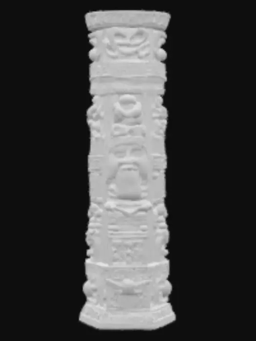 3D model for Create a 3D statue inspired by the Maya Stela C from Quiriguá. Model a 4-meter-tall monolithic column made of red sandstone with intricate semi-plastic relief carvings on all four sides. Feature the portrait of ruler K’ak’ Tiliw Chan Yopaat (Cauac Sky) holding a ceremonial scepter decorated with jaguar and serpent heads. Include dense hieroglyphic inscriptions narrating the Maya creation myth and the Long Count date 13.0.0.0.0. Highlight cosmic symbols like the Jaguar Throne, Serpent Throne, and Water Throne. Add traces of vibrant colors—red, yellow, blue, black—with special accents of jade green. Capture both historical authenticity and divine royal authority.