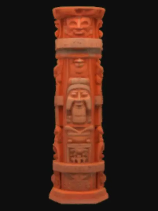 3D model for Create a 3D statue inspired by the Maya Stela C from Quiriguá. Model a 4-meter-tall monolithic column made of red sandstone with intricate semi-plastic relief carvings on all four sides. Feature the portrait of ruler K’ak’ Tiliw Chan Yopaat (Cauac Sky) holding a ceremonial scepter decorated with jaguar and serpent heads. Include dense hieroglyphic inscriptions narrating the Maya creation myth and the Long Count date 13.0.0.0.0. Highlight cosmic symbols like the Jaguar Throne, Serpent Throne, and Water Throne. Add traces of vibrant colors—red, yellow, blue, black—with special accents of jade green. Capture both historical authenticity and divine royal authority.