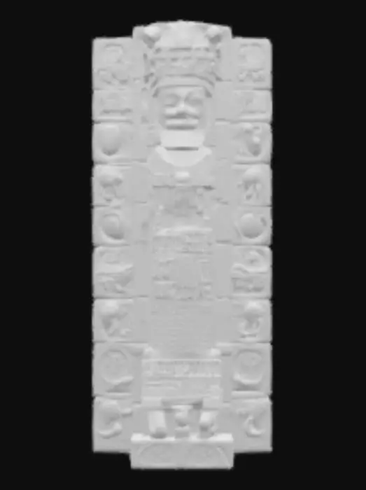 3D model for Create a 3D statue inspired by the Maya Stela C from Quiriguá. Model a 4-meter-tall monolithic column made of red sandstone with intricate semi-plastic relief carvings on all four sides. Feature the portrait of ruler K’ak’ Tiliw Chan Yopaat (Cauac Sky) holding a ceremonial scepter decorated with jaguar and serpent heads. Include dense hieroglyphic inscriptions narrating the Maya creation myth and the Long Count date 13.0.0.0.0. Highlight cosmic symbols like the Jaguar Throne, Serpent Throne, and Water Throne. Add traces of vibrant colors—red, yellow, blue, black—with special accents of jade green. Capture both historical authenticity and divine royal authority.