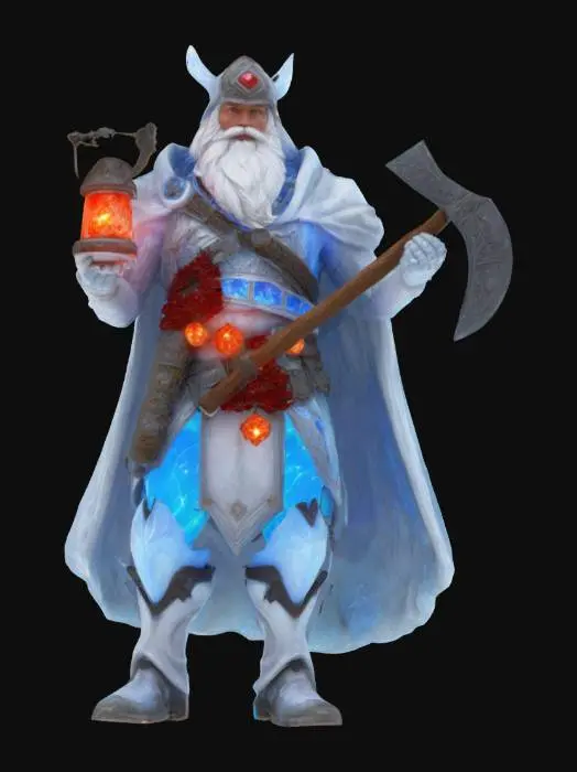 3D model for [Zabrze] A legendary fairytale miner, clad in shimmering white crystal armor, with glowing blue veins pulsing through his gear like enchanted frost. His crimson lantern burns with living fire, guiding him through glowing gemstone caverns deep beneath an ancient mountain. His beard sparkles with stardust, and his pickaxe hums with forgotten magic. A guardian of lost realms, he mines not gold—but dreams. Style: whimsical fantasy, cinematic lighting, highly detailed, color theme of white, blue, and red. , Górnik Zabrze #AroundTheWorld#
