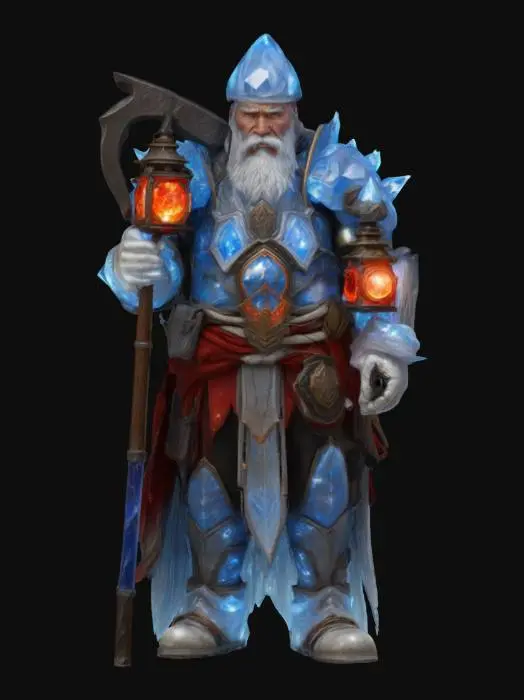 3D model for [Zabrze] A legendary fairytale miner, clad in shimmering white crystal armor, with glowing blue veins pulsing through his gear like enchanted frost. His crimson lantern burns with living fire, guiding him through glowing gemstone caverns deep beneath an ancient mountain. His beard sparkles with stardust, and his pickaxe hums with forgotten magic. A guardian of lost realms, he mines not gold—but dreams. Style: whimsical fantasy, cinematic lighting, highly detailed, color theme of white, blue, and red. , Górnik Zabrze #AroundTheWorld#