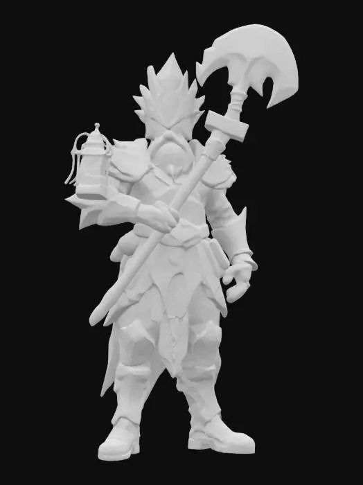 3D model for [Zabrze] A legendary fairytale miner, clad in glistening white crystal armor that catches light like shattered ice, each plate veined with glowing blue energy that pulses softly like enchanted frost. His helmet bears a jagged crest, shimmering faintly, while runes etched into his gauntlets flicker with ancient power. A crimson lantern swings from his belt, burning with living flame, casting dynamic shadows across his rugged, stardust-speckled beard. His eyes glow faintly blue, reflecting wisdom of countless ages. His pickaxe, forged from dreamstone, hums with forgotten magic, its blade traced with red-hot sigils. Not a treasure hunter, but a silent guardian of wonder. Górnik Zabrze #AroundTheWorld#