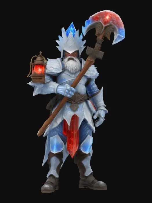 3D model for [Zabrze] A legendary fairytale miner, clad in glistening white crystal armor that catches light like shattered ice, each plate veined with glowing blue energy that pulses softly like enchanted frost. His helmet bears a jagged crest, shimmering faintly, while runes etched into his gauntlets flicker with ancient power. A crimson lantern swings from his belt, burning with living flame, casting dynamic shadows across his rugged, stardust-speckled beard. His eyes glow faintly blue, reflecting wisdom of countless ages. His pickaxe, forged from dreamstone, hums with forgotten magic, its blade traced with red-hot sigils. Not a treasure hunter, but a silent guardian of wonder. Górnik Zabrze #AroundTheWorld#
