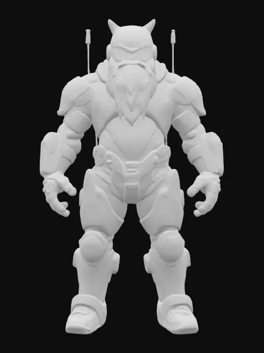 3D model for [Zabrze] A cyberpunk dwarf miner with a compact, muscular build, wearing a sleek white exosuit embedded with pulsating blue neon veins. His armor plates are sharp-edged, metallic, and scratched, accented by glowing red circuitry tracing across his limbs and chest. His beard is braided with fiber-optic cables and chrome rings, and his left eye is replaced by a glowing red cyber-optic lens. His helmet features retractable antennae and a cracked visor. His arms end in reinforced cybernetic gauntlets with drill-like attachments. Tubes and wires coil around his spine, glowing faintly with electric charge. Górnik Zabrze #AroundTheWorld#