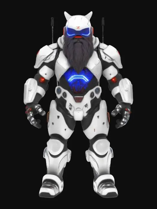 3D model for [Zabrze] A cyberpunk dwarf miner with a compact, muscular build, wearing a sleek white exosuit embedded with pulsating blue neon veins. His armor plates are sharp-edged, metallic, and scratched, accented by glowing red circuitry tracing across his limbs and chest. His beard is braided with fiber-optic cables and chrome rings, and his left eye is replaced by a glowing red cyber-optic lens. His helmet features retractable antennae and a cracked visor. His arms end in reinforced cybernetic gauntlets with drill-like attachments. Tubes and wires coil around his spine, glowing faintly with electric charge. Górnik Zabrze #AroundTheWorld#