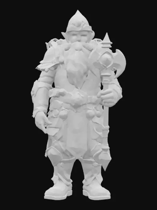 3D model for [Zabrze] A fantasy dwarf miner with a broad frame, clad in ornate white crystal armor laced with glowing blue veins and deep red gemstones embedded in the pauldrons and gauntlets. His beard flows long and thick, shimmering with silver dust, braided with tiny enchanted trinkets. His eyes gleam with pale blue light under a gem-encrusted circlet. His pickaxe is forged from translucent crystal with runes etched in glowing red. His boots and gloves are carved from polished stone, etched with swirling patterns. A faint glow pulses from the cracks in his armor, as if holding ancient magic within Górnik Zabrze #AroundTheWorld#
