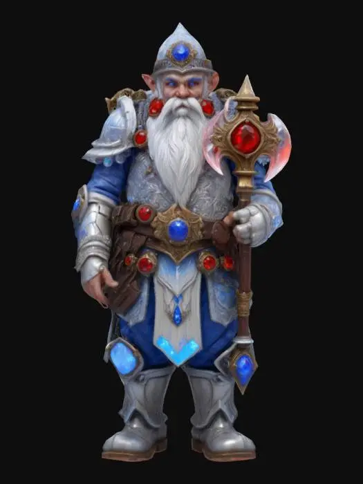 3D model for [Zabrze] A fantasy dwarf miner with a broad frame, clad in ornate white crystal armor laced with glowing blue veins and deep red gemstones embedded in the pauldrons and gauntlets. His beard flows long and thick, shimmering with silver dust, braided with tiny enchanted trinkets. His eyes gleam with pale blue light under a gem-encrusted circlet. His pickaxe is forged from translucent crystal with runes etched in glowing red. His boots and gloves are carved from polished stone, etched with swirling patterns. A faint glow pulses from the cracks in his armor, as if holding ancient magic within Górnik Zabrze #AroundTheWorld#