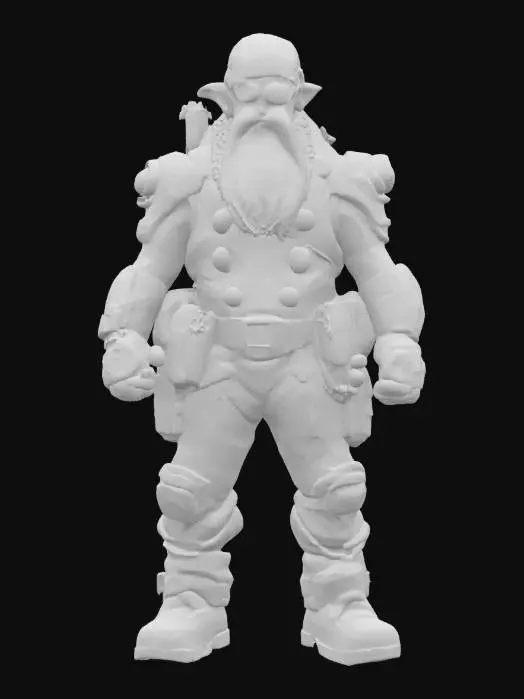 3D model for [Zabrze] A cyberpunk dwarf miner with a compact, muscular build, wearing a sleek white exosuit embedded with pulsating blue neon veins. His armor plates are sharp-edged, metallic, and scratched, accented by glowing red circuitry tracing across his limbs and chest. His beard is braided with fiber-optic cables and chrome rings, and his left eye is replaced by a glowing red cyber-optic lens. His helmet features retractable antennae and a cracked visor. His arms end in reinforced cybernetic gauntlets with drill-like attachments. Tubes and wires coil around his spine, glowing faintly with electric charge. Górnik Zabrze #AroundTheWorld#