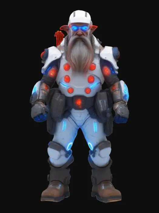 3D model for [Zabrze] A cyberpunk dwarf miner with a compact, muscular build, wearing a sleek white exosuit embedded with pulsating blue neon veins. His armor plates are sharp-edged, metallic, and scratched, accented by glowing red circuitry tracing across his limbs and chest. His beard is braided with fiber-optic cables and chrome rings, and his left eye is replaced by a glowing red cyber-optic lens. His helmet features retractable antennae and a cracked visor. His arms end in reinforced cybernetic gauntlets with drill-like attachments. Tubes and wires coil around his spine, glowing faintly with electric charge. Górnik Zabrze #AroundTheWorld#