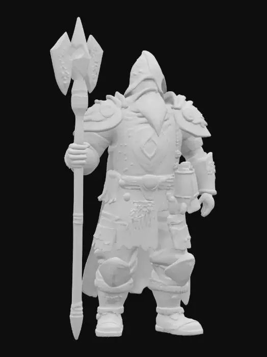 3D model for [Zabrze] A legendary fairytale miner, clad in glistening white crystal armor that catches light like shattered ice, each plate veined with glowing blue energy that pulses softly like enchanted frost. His helmet bears a jagged crest, shimmering faintly, while runes etched into his gauntlets flicker with ancient power. A crimson lantern swings from his belt, burning with living flame, casting dynamic shadows across his rugged, stardust-speckled beard. His eyes glow faintly blue, reflecting wisdom of countless ages. His pickaxe, forged from dreamstone, hums with forgotten magic, its blade traced with red-hot sigils. Not a treasure hunter, but a silent guardian of wonder. Górnik Zabrze #AroundTheWorld#