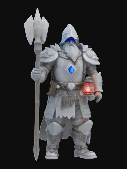 3D model for [Zabrze] A legendary fairytale miner, clad in glistening white crystal armor that catches light like shattered ice, each plate veined with glowing blue energy that pulses softly like enchanted frost. His helmet bears a jagged crest, shimmering faintly, while runes etched into his gauntlets flicker with ancient power. A crimson lantern swings from his belt, burning with living flame, casting dynamic shadows across his rugged, stardust-speckled beard. His eyes glow faintly blue, reflecting wisdom of countless ages. His pickaxe, forged from dreamstone, hums with forgotten magic, its blade traced with red-hot sigils. Not a treasure hunter, but a silent guardian of wonder. Górnik Zabrze #AroundTheWorld#