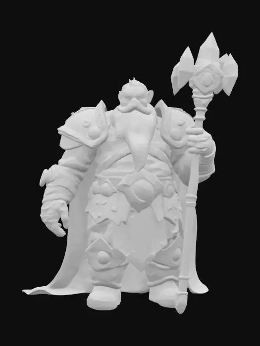 3D model for [Zabrze] A fantasy dwarf miner with a broad frame, clad in ornate white crystal armor laced with glowing blue veins and deep red gemstones embedded in the pauldrons and gauntlets. His beard flows long and thick, shimmering with silver dust, braided with tiny enchanted trinkets. His eyes gleam with pale blue light under a gem-encrusted circlet. His pickaxe is forged from translucent crystal with runes etched in glowing red. His boots and gloves are carved from polished stone, etched with swirling patterns. A faint glow pulses from the cracks in his armor, as if holding ancient magic within Górnik Zabrze #AroundTheWorld#