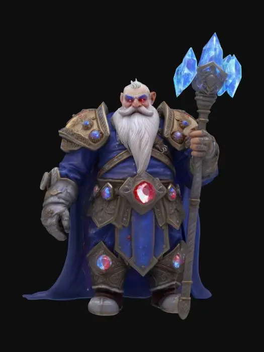 3D model for [Zabrze] A fantasy dwarf miner with a broad frame, clad in ornate white crystal armor laced with glowing blue veins and deep red gemstones embedded in the pauldrons and gauntlets. His beard flows long and thick, shimmering with silver dust, braided with tiny enchanted trinkets. His eyes gleam with pale blue light under a gem-encrusted circlet. His pickaxe is forged from translucent crystal with runes etched in glowing red. His boots and gloves are carved from polished stone, etched with swirling patterns. A faint glow pulses from the cracks in his armor, as if holding ancient magic within Górnik Zabrze #AroundTheWorld#