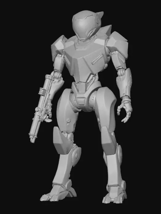 3D model for Model 3D futurystycznego, czteronożnego robota bojowego o agresywnym, sportowym designie. Ostre, geometryczne panele pancerza z włókna węglowego i tytanu w kolorze matowej czerni z dynamicznymi, czerwonymi akcentami. Front robota zastępuje jednolita, wyprofilowana tafla czarnego, pancernego szkła, za którą kryje się zespół sensorów optycznych i lidar. Na grzbiecie centralnie zamontowany kompaktowy, sześciolufowy minigun (działko obrotowe) na stabilizowanej,zmotoryzowanej platformie, z widocznym elastycznym rękawem podającym amunicję z zasobnika. Nogi o ostrych krawędziach, z aerodynamicznymi osłonami siłowników i pazurzastymi stopami. Całość ma wyglądać szybko i zabójczo.. Wysoka jakość, ultra-realistic