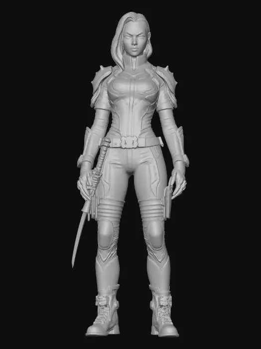 3D model for Cyberpunkowa bohaterka, pełna postać kobieca w T-pose ręce na boki, proporcje realistyczne stylizowane, smukła atletyczna sylwetka, długie nogi, wąska talia, szerokość barków naturalna, futurystyczny pancerz segmentowy na ramionach, przedramionach i udach, kombinezon taktyczny pod pancerzem, wysoki kołnierz technologiczny, kablowe implanty wychodzące z karku, cybernetyczne panele na skroniach, długie włosy asymetryczne, jedna strona wygolona, druga opadająca na ramię, futurystyczna katana przypięta magnetycznie do pasa, rękawice taktyczne z panelami, wysokie buty cyberpunk z segmentowanymi ochraniaczami, drobne mechaniczne detale w zbroi, styl high-tech, sci-fi dystopian, ostre linie designu, geometryczne panele pancerza, greeble detale technologiczne, model game-ready topology.