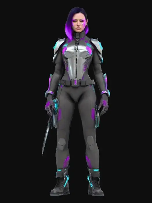 3D model for Cyberpunkowa bohaterka, pełna postać kobieca w T-pose ręce na boki, proporcje realistyczne stylizowane, smukła atletyczna sylwetka, długie nogi, wąska talia, szerokość barków naturalna, futurystyczny pancerz segmentowy na ramionach, przedramionach i udach, kombinezon taktyczny pod pancerzem, wysoki kołnierz technologiczny, kablowe implanty wychodzące z karku, cybernetyczne panele na skroniach, długie włosy asymetryczne, jedna strona wygolona, druga opadająca na ramię, futurystyczna katana przypięta magnetycznie do pasa, rękawice taktyczne z panelami, wysokie buty cyberpunk z segmentowanymi ochraniaczami, drobne mechaniczne detale w zbroi, styl high-tech, sci-fi dystopian, ostre linie designu, geometryczne panele pancerza, greeble detale technologiczne, model game-ready topology.