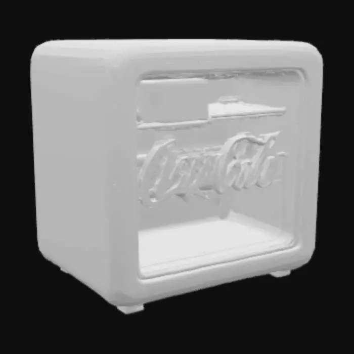 3D model for Red small coca cola fridge, in retro style with red neon lighting of the inscription "COCA COLA", STYLE A COMBINATION of realistic and cartoon. The colors should be saturated, and the fridge should be evenly and well lit, but without visible overexposure