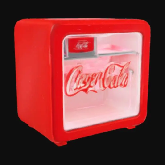 3D model for Red small coca cola fridge, in retro style with red neon lighting of the inscription "COCA COLA", STYLE A COMBINATION of realistic and cartoon. The colors should be saturated, and the fridge should be evenly and well lit, but without visible overexposure