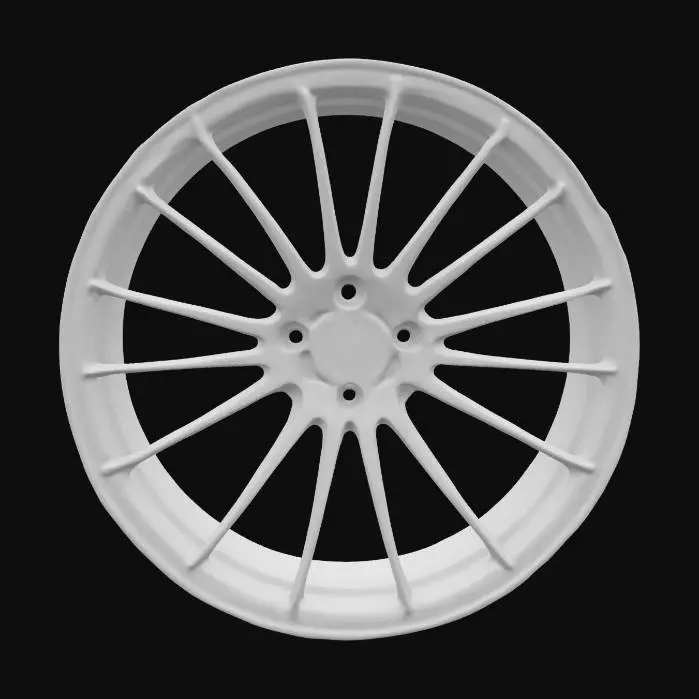 3D model for The object is a polished, black metallic aluminum rim with a geometric, multi-spoke pattern. The rim is new, polished and shiny. Ultra-realistic style, very detailed. The model is well lit with even HDR light, maximum texture quality.