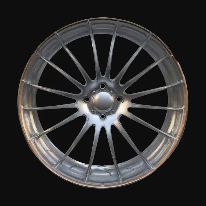 3D model for The object is a polished, black metallic aluminum rim with a geometric, multi-spoke pattern. The rim is new, polished and shiny. Ultra-realistic style, very detailed. The model is well lit with even HDR light, maximum texture quality.