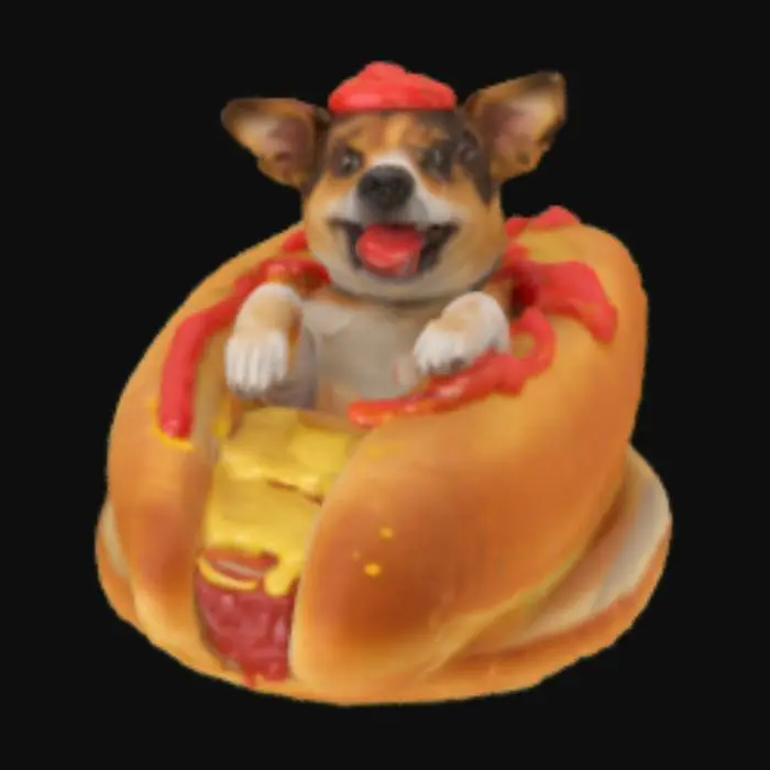 3D model for Stwórz komiczną scene 3d która przedstawia psa leżącego w środku bułki hotdogowej, oblany keczupem. 