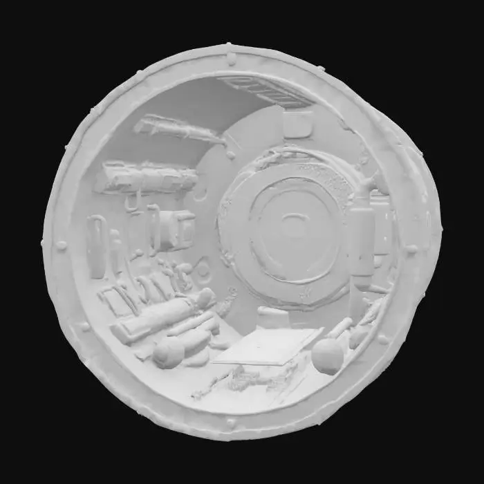 3D model for Hiper-realistyczna kabina łodzi podwodnej o okrągłym przekroju, wypełniona gęstym, przemysłowym wyposażeniem. Jej metaliczne powierzchnie w odcieniach matowej szarości i czerni posiadają liczne nity i panele, tworząc surową teksturę. Duże liczniki, dźwignie i okablowanie są wyraźnie widoczne. Całość oświetla głębokie czerwone światło. Dotyk jest chłodny, metaliczny i szorstki w miejscach intensywnego użytkowania., #ocean#