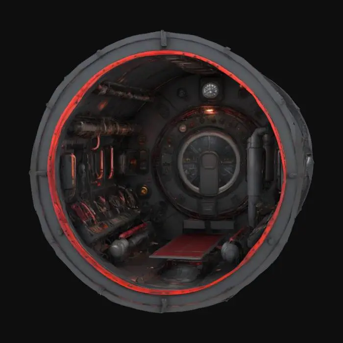 3D model for Hiper-realistyczna kabina łodzi podwodnej o okrągłym przekroju, wypełniona gęstym, przemysłowym wyposażeniem. Jej metaliczne powierzchnie w odcieniach matowej szarości i czerni posiadają liczne nity i panele, tworząc surową teksturę. Duże liczniki, dźwignie i okablowanie są wyraźnie widoczne. Całość oświetla głębokie czerwone światło. Dotyk jest chłodny, metaliczny i szorstki w miejscach intensywnego użytkowania., #ocean#