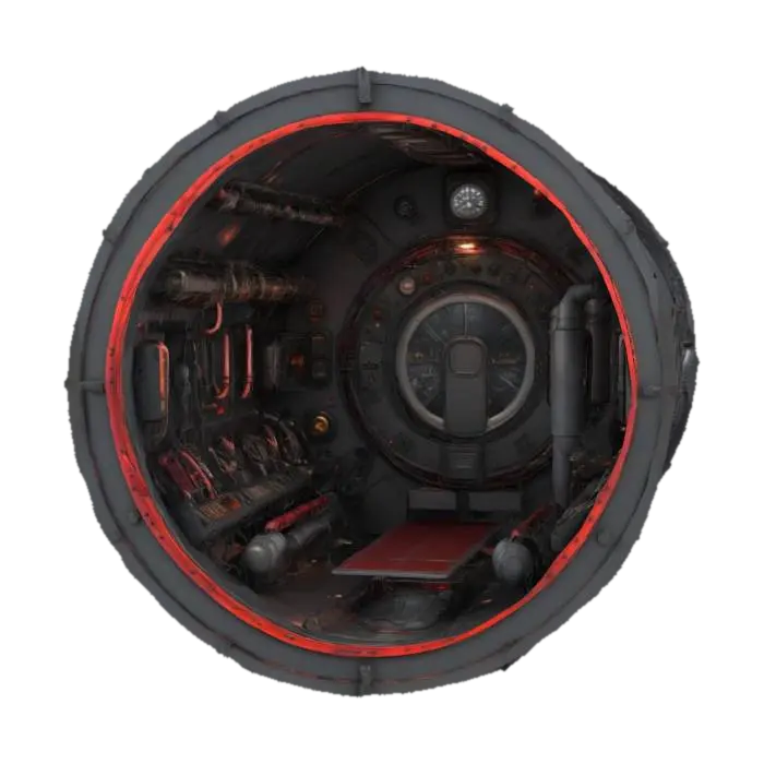 Hiper-realistyczna kabina łodzi podwodnej o okrągłym przekroju, wypełniona… - Submarine 3D model, vytvořený pomocí AI