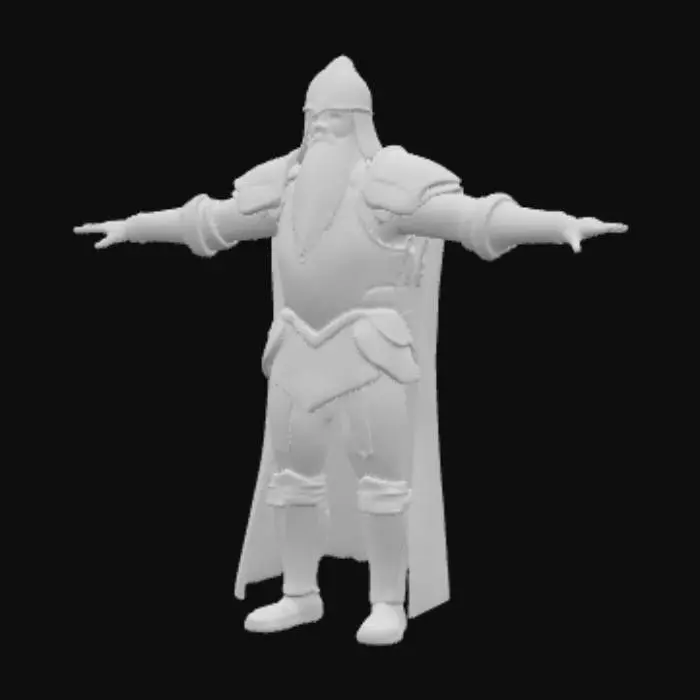 3D model for Ultrarealistyczny średniowieczny rycerz w T-pose, ubrany w lśniącą, błyszczącą zbroję o niezwykle szczegółowych wykończeniach, w stylu nawiązującym do "Gry o Tron". Zbroja ma metaliczną, polerowaną teksturę, wykorzystującą rendering PBR. Rycerz posiada długą, gęstą czarną brodę. #PBR#
