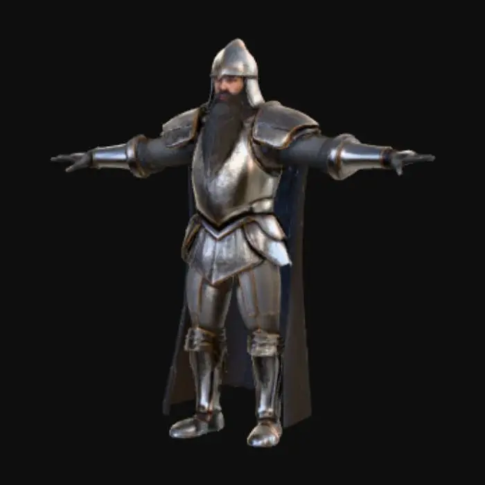 3D model for Ultrarealistyczny średniowieczny rycerz w T-pose, ubrany w lśniącą, błyszczącą zbroję o niezwykle szczegółowych wykończeniach, w stylu nawiązującym do "Gry o Tron". Zbroja ma metaliczną, polerowaną teksturę, wykorzystującą rendering PBR. Rycerz posiada długą, gęstą czarną brodę. #PBR#