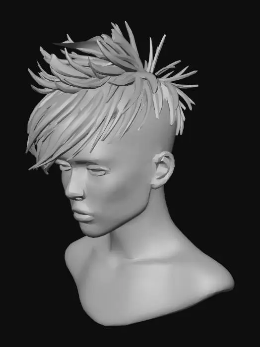 3D model for Wild Pixie Cut Hair Mesh: Short choppy 3D hair layers, textured spikes, energetic and rebellious female hairstyle, high-contrast hair highlights.