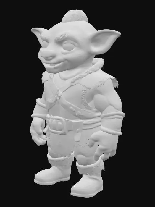 3D model for A stocky, cute orc warrior with vibrant lime-green skin and surprisingly round, expressive eyes. His small, blunt tusks peek charmingly from his lower lip. He wears a slightly oversized, roughly stitched brown leather tunic and simple, soft-edged iron bracers. His broad shoulders and thick neck are softened by a slightly plump, muscular build. His demeanor is more curious than fierce, and his skin has a distinct, bumpy but not harsh texture.
