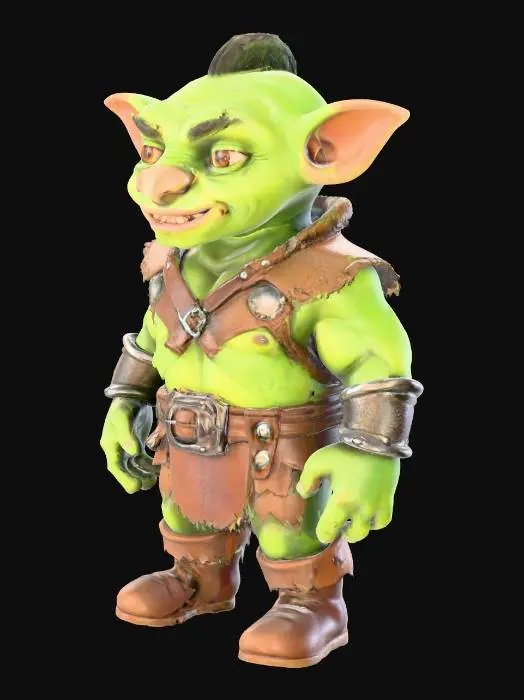 3D model for A stocky, cute orc warrior with vibrant lime-green skin and surprisingly round, expressive eyes. His small, blunt tusks peek charmingly from his lower lip. He wears a slightly oversized, roughly stitched brown leather tunic and simple, soft-edged iron bracers. His broad shoulders and thick neck are softened by a slightly plump, muscular build. His demeanor is more curious than fierce, and his skin has a distinct, bumpy but not harsh texture.