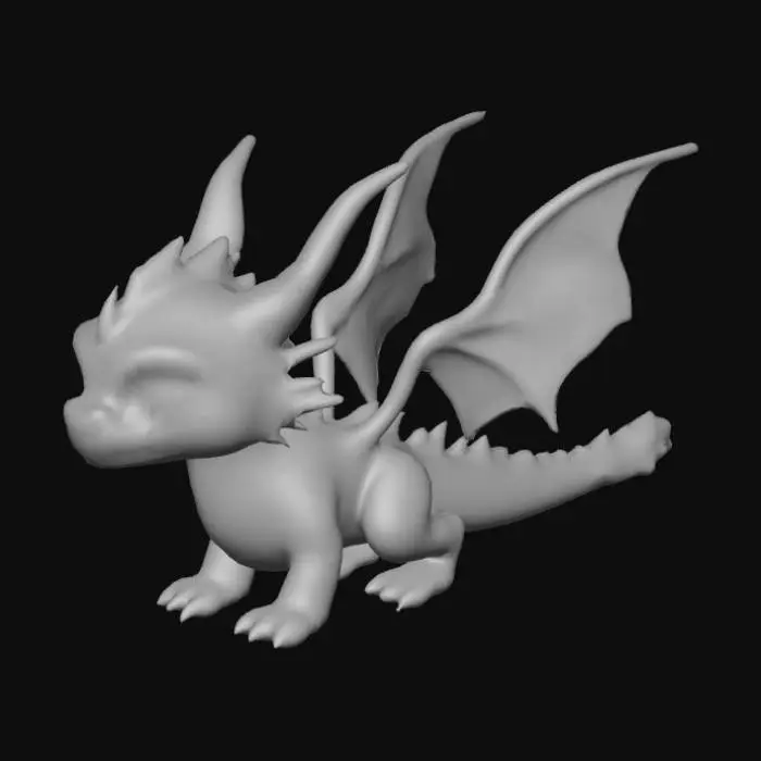 3D model for "A majestic frost dragon designed for a Roblox fantasy game, with glowing icy-blue crystal wings, a shimmering semi-transparent body, sparkling frost effects around its claws and tail, and glowing blue eyes. The dragon has stylized proportions for children-friendly appeal – big head, expressive face, slightly chibi body. The surface is detailed with glowing runes and frost cracks. The wings gently emit a cold mist. This dragon looks like a rare, magical creature that players would love to collect or buy in a Zoo Tycoon game."
